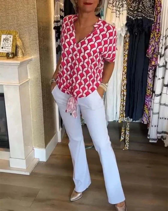 Women's Printed V-Neck Casual Blouse - Everyday Chic