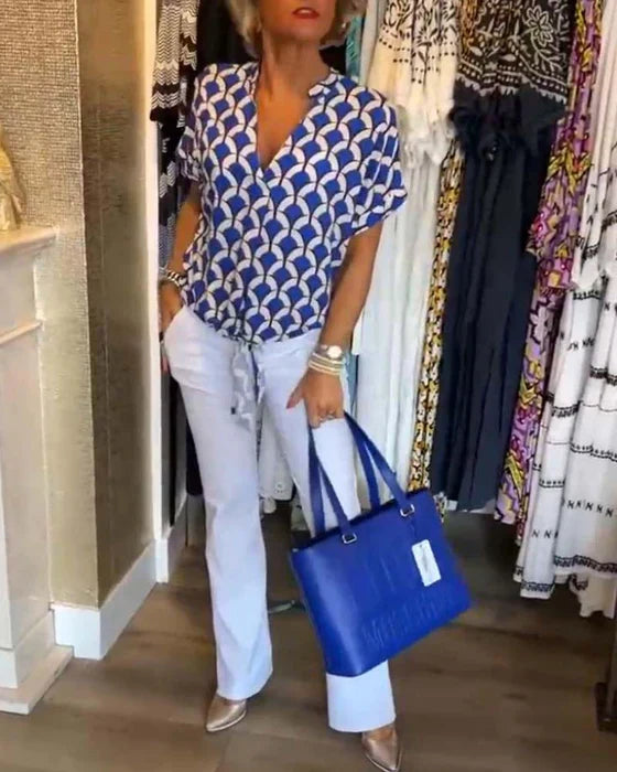 Women's Printed V-Neck Casual Blouse - Everyday Chic