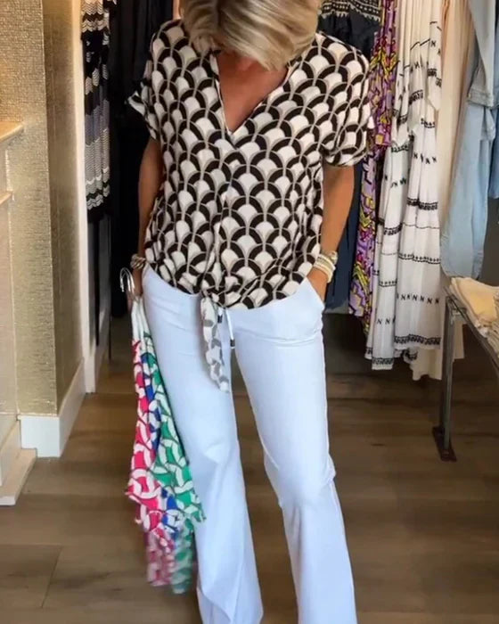 Women's Printed V-Neck Casual Blouse - Everyday Chic