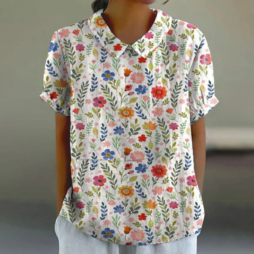Women's Cotton Linen Garden Meadow Print Blouse - Summer Style