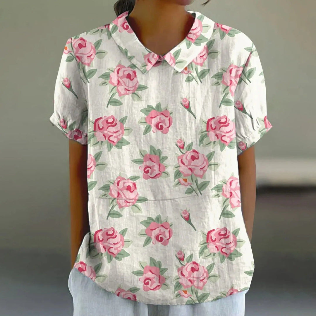 Women's Watercolor Pink Rose Print Blouse - Romantic & Breathable
