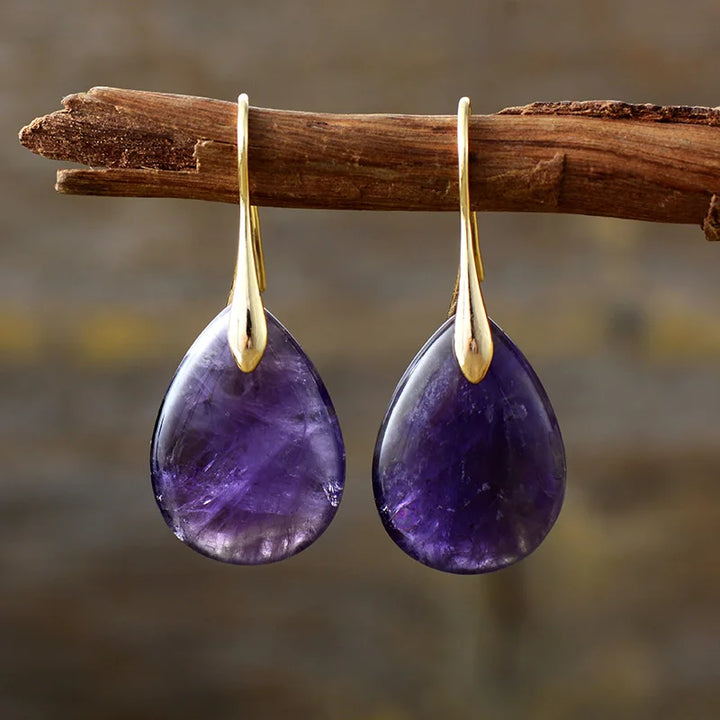 Women's Teardrop Amethyst Natural Stone Earrings – Gold & Silver