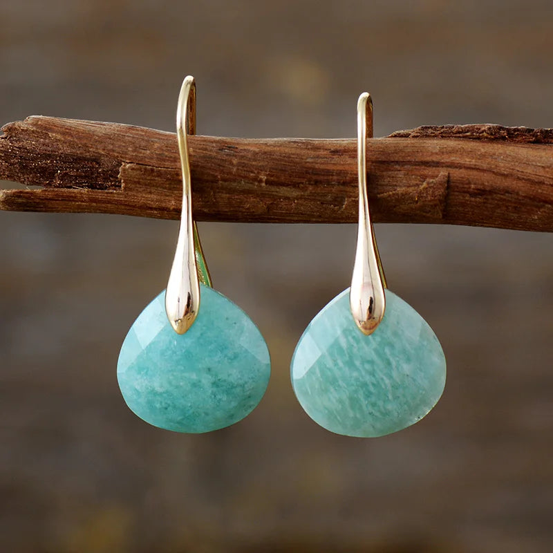 Women's Amazonite Natural Stone Drop Earrings – 18k Gold Plated