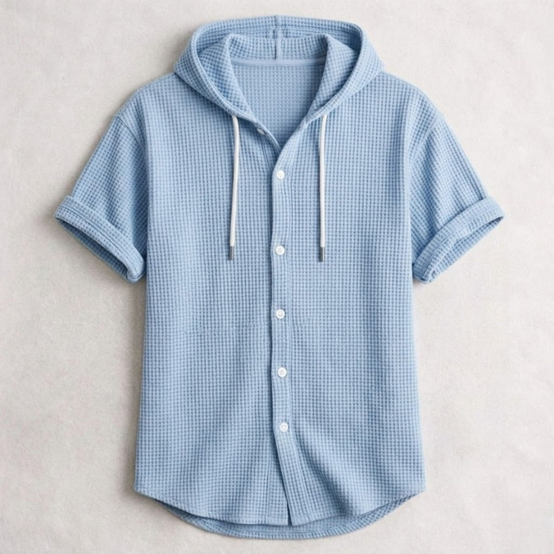 Men's Cotton Waffle Hooded Shirt – Relaxed Long-Sleeve Overshirt – Blue