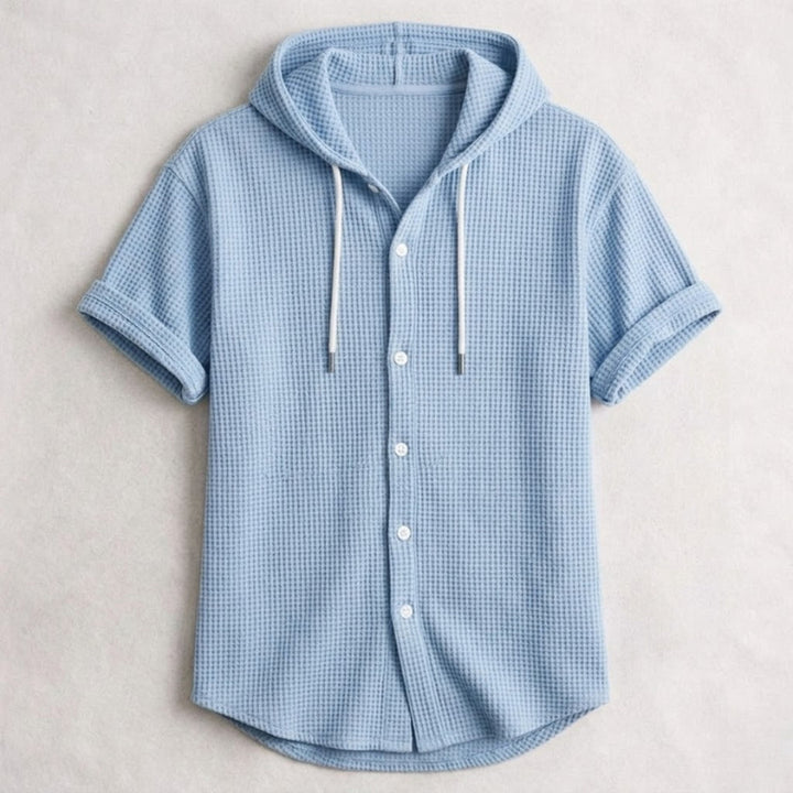 Men's Cotton Waffle Hooded Shirt – Relaxed Long-Sleeve Overshirt – Blue