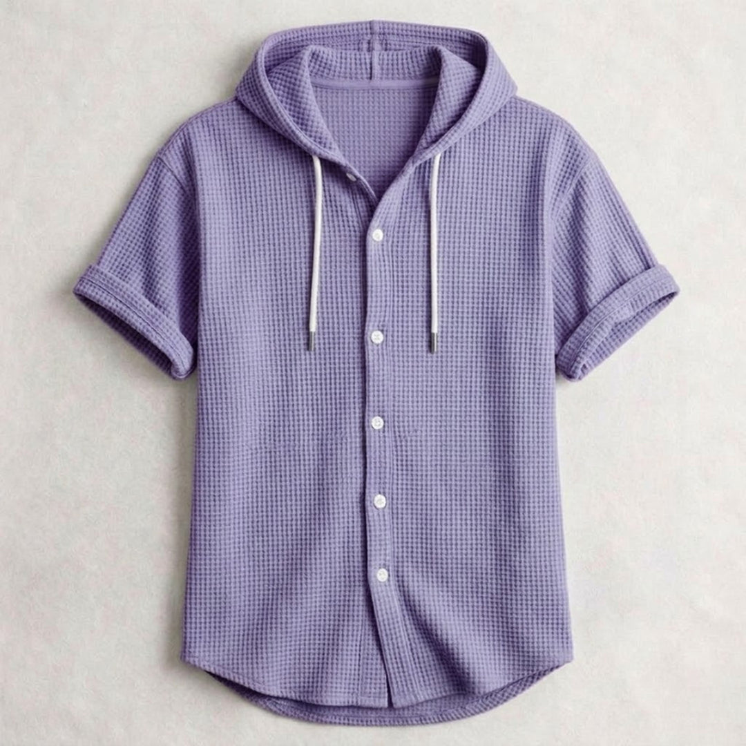 Men's Cotton Waffle Hooded Shirt – Relaxed Long-Sleeve Overshirt – Purple