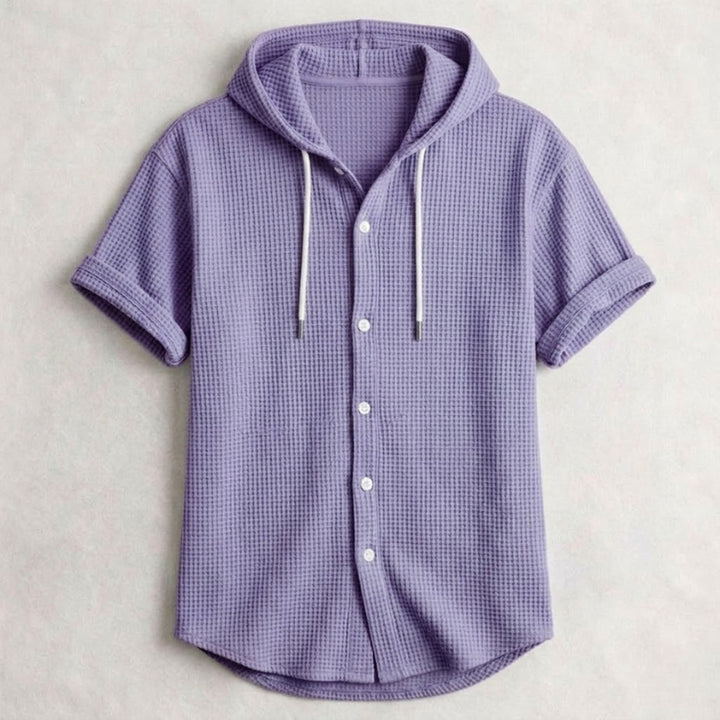 Men's Cotton Waffle Hooded Shirt – Relaxed Long-Sleeve Overshirt – Purple