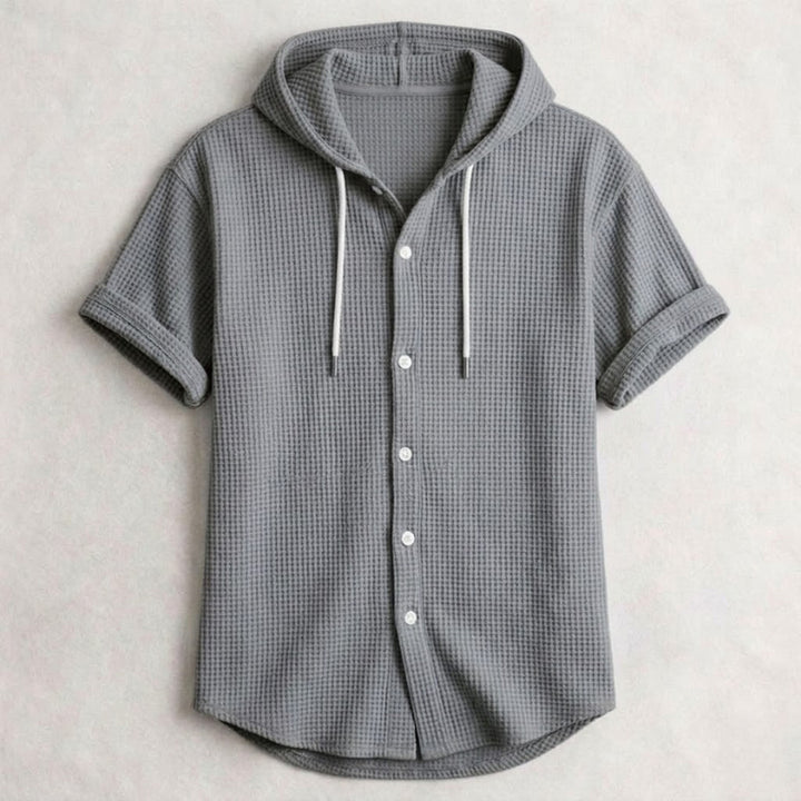 Men's Cotton Waffle Hooded Shirt – Relaxed Long-Sleeve Overshirt – Grey