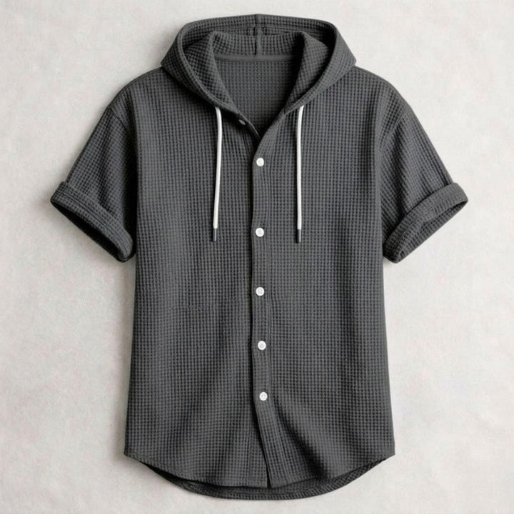Men's Cotton Waffle Hooded Shirt – Relaxed Long-Sleeve Overshirt – Black