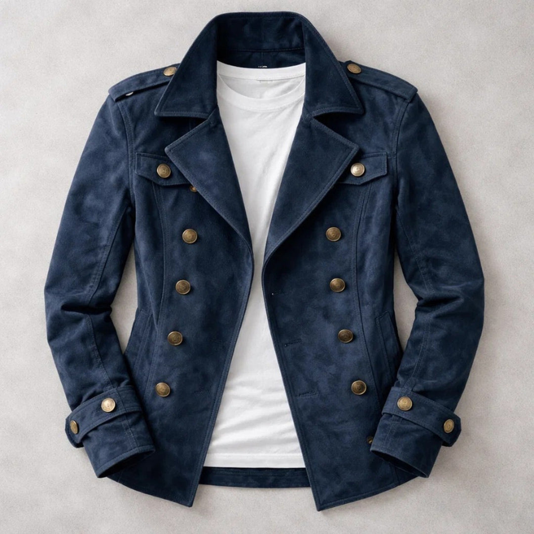 Men's Suede Peacoat – Double-Breasted Tailored Winter Coat – Navy