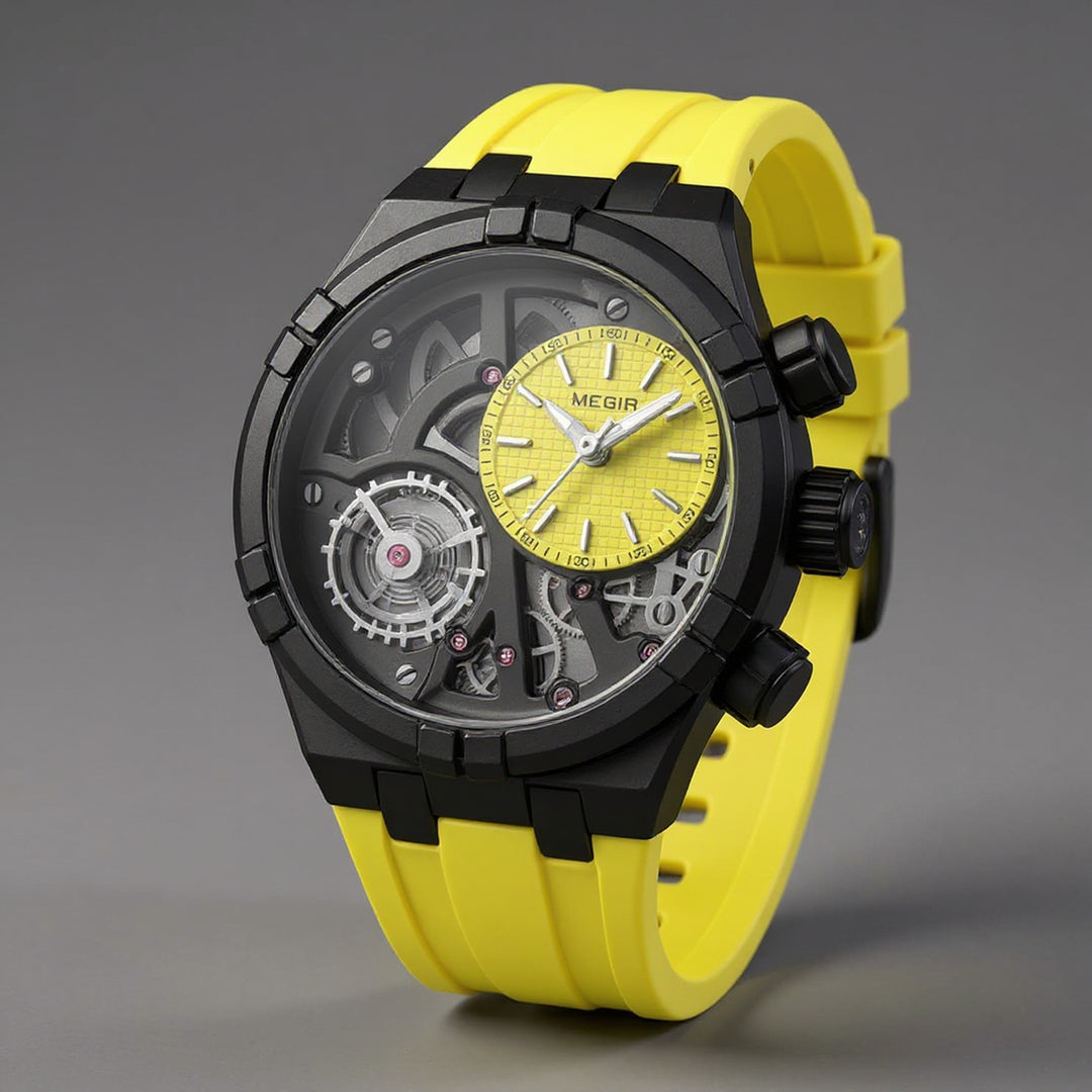 Men's Skeleton Quartz Watch 45mm – Exposed-Dial Silicone Strap – Neon Yellow