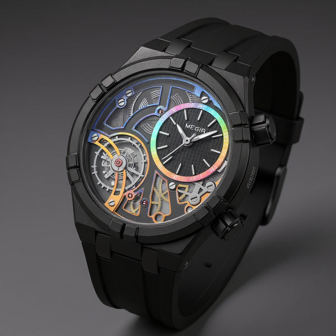 Men's Skeleton Quartz Watch 45mm – Exposed-Dial Silicone Strap – Charcoal Fusion