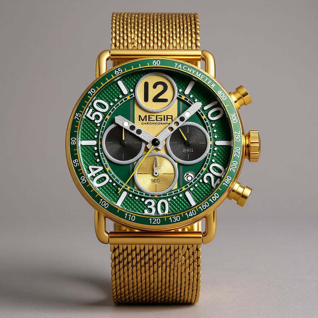 Men's Chronograph Watch 44mm – Gold-Tone Milanese Mesh Bracelet – Savile Green
