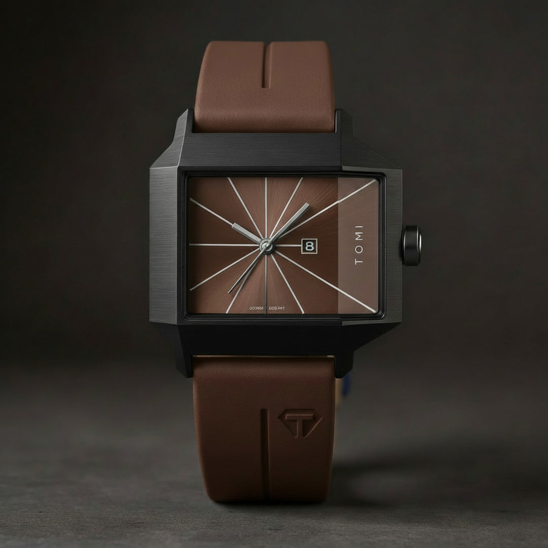 Men's Quartz Watch 39mm – Geometric Sunburst Dial – Silicone Strap – Espresso Brown