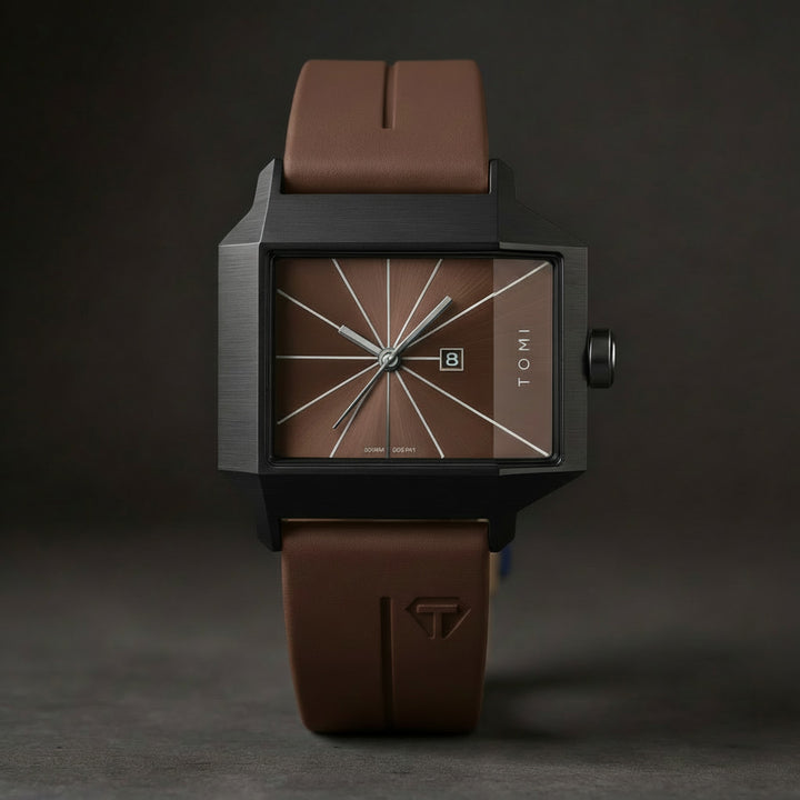 Men's Quartz Watch 39mm – Geometric Sunburst Dial – Silicone Strap – Espresso Brown
