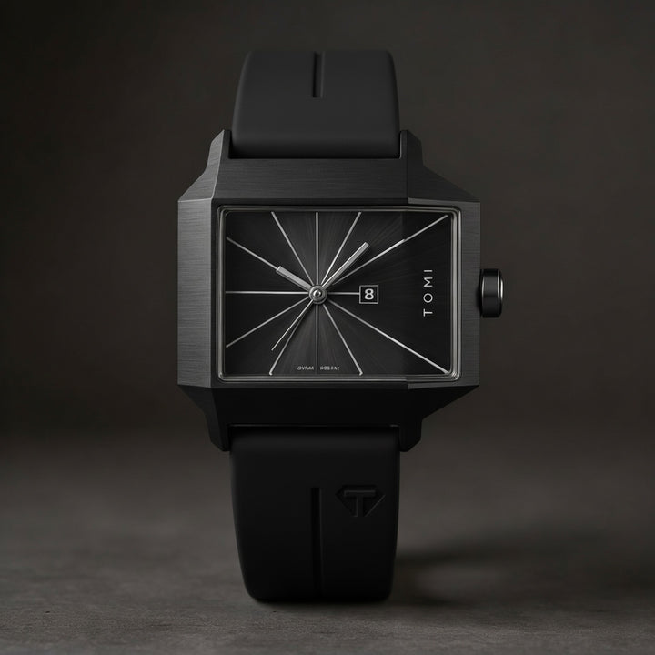 Men's Quartz Watch 39mm – Geometric Sunburst Dial – Silicone Strap – Charcoal