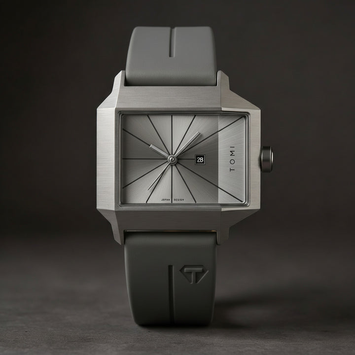 Men's Quartz Watch 39mm – Geometric Sunburst Dial – Silicone Strap – Slate Gray