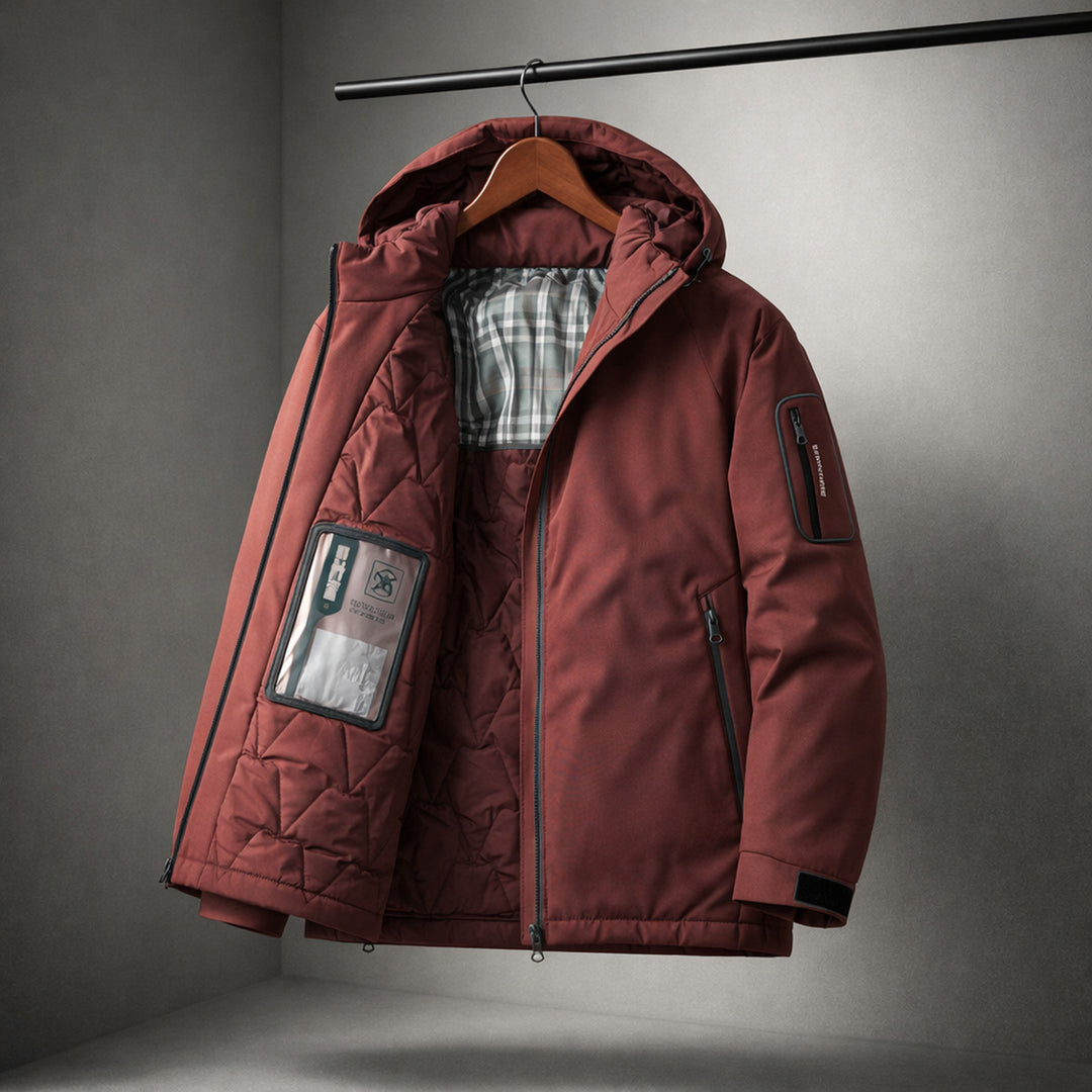 Men's Hooded Down Puffer Jacket – Water-Resistant Quilted Coat – Red