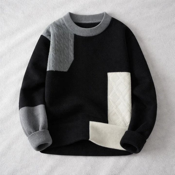 Men's Cotton Colourblock Knit Jumper – Crew Neck Sweater – Black