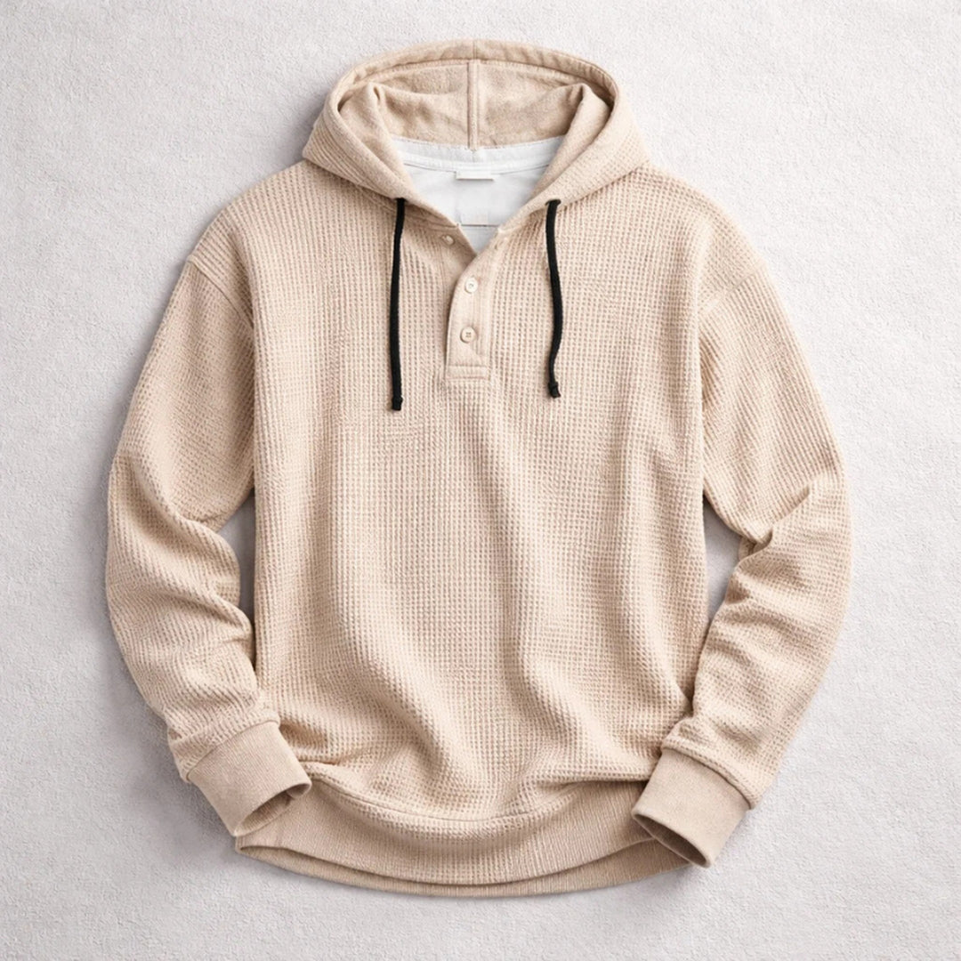 Men's Waffle-Knit Henley Hoodie – Textured Cotton Hooded Top – Blue