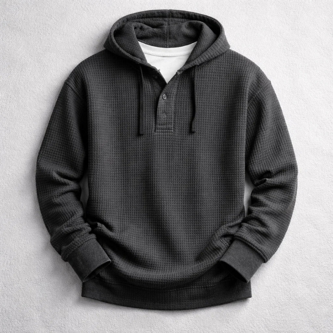 Men's Waffle-Knit Henley Hoodie – Textured Cotton Hooded Top – Black