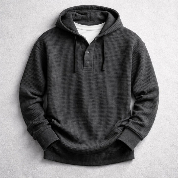 Men's Waffle-Knit Henley Hoodie – Textured Cotton Hooded Top – Black