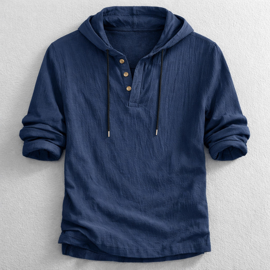 Men's Linen Hooded Henley – Breathable Relaxed Summer Shirt – Navy