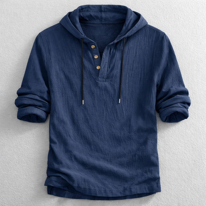 Men's Linen Hooded Henley – Breathable Relaxed Summer Shirt – Navy