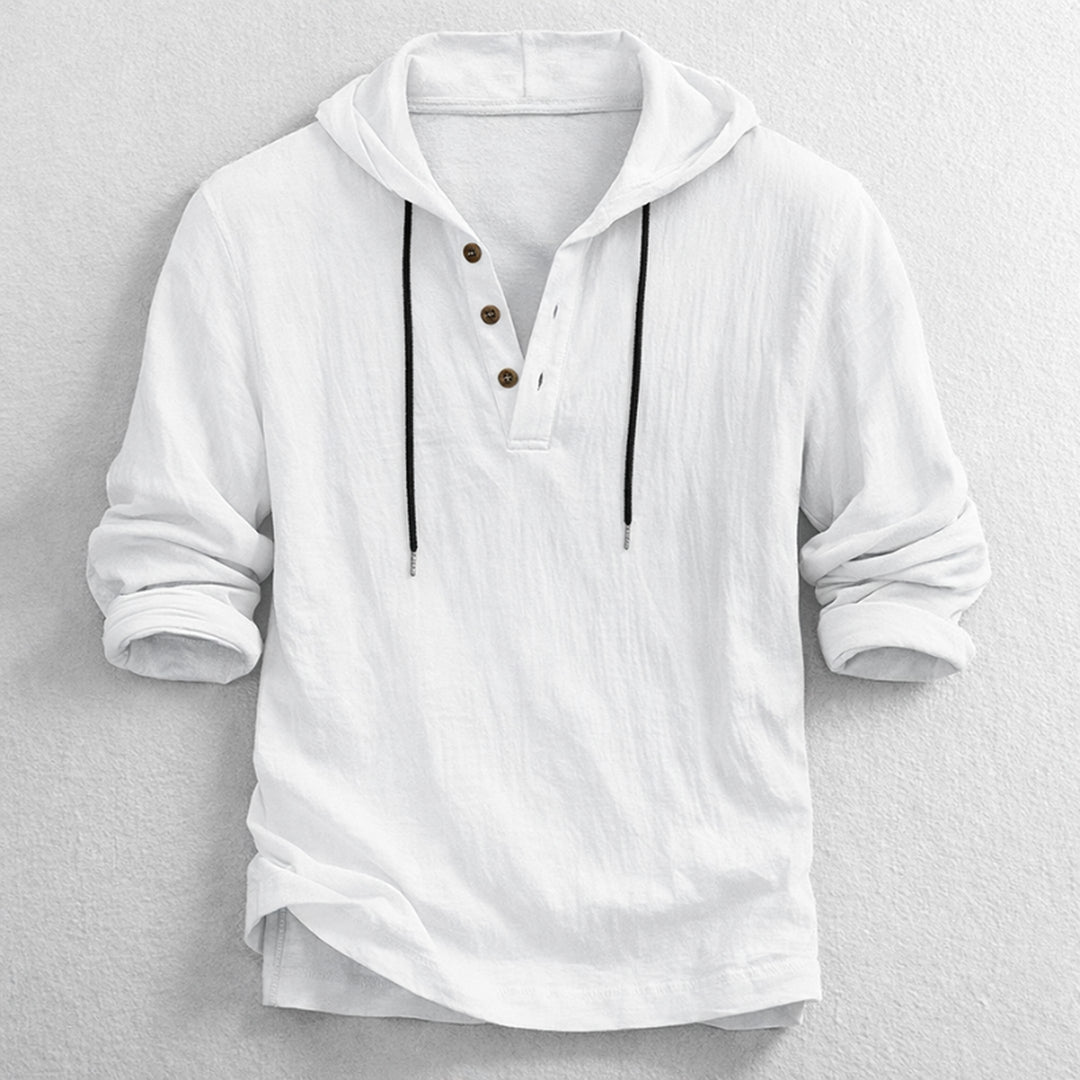 Men's Linen Hooded Henley – Breathable Relaxed Summer Shirt – White