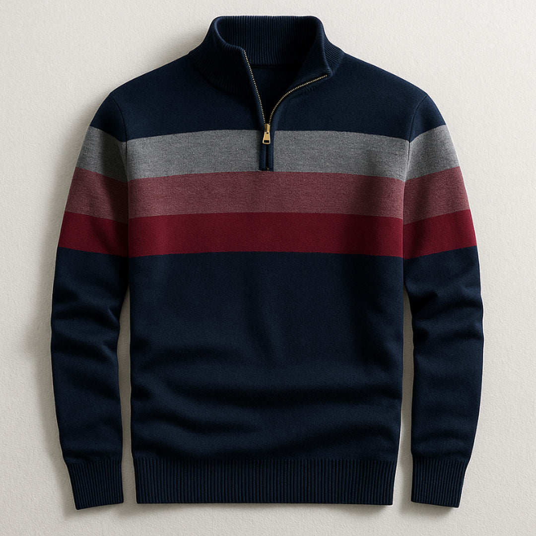 Men's Cotton Quarter-Zip Sweater – Striped Knit Jumper – Navy
