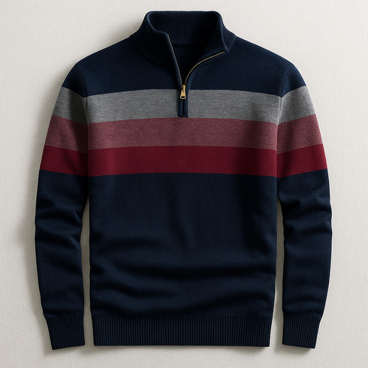 Men's Cotton Quarter-Zip Sweater – Striped Knit Jumper – Navy