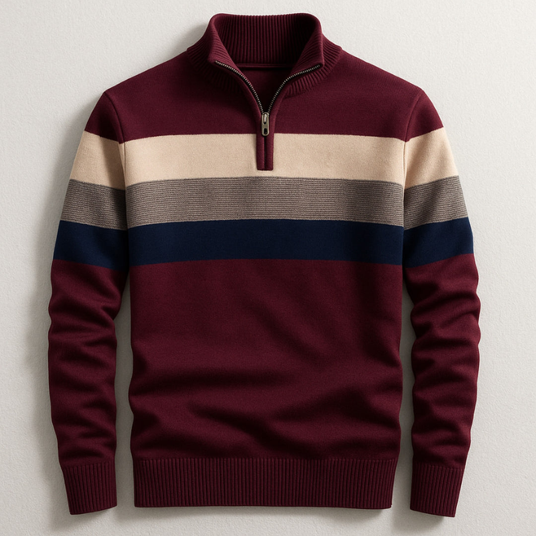 Men's Cotton Quarter-Zip Sweater – Striped Knit Jumper – Maroon