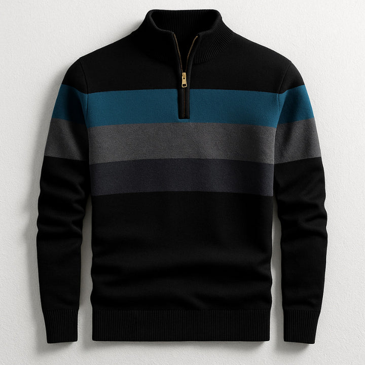 Men's Cotton Quarter-Zip Sweater – Striped Knit Jumper – Black