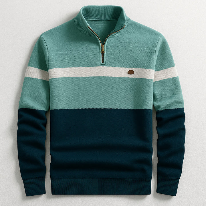 Men's Quarter-Zip Pullover – Colour-Block Cotton Jumper – Green Navy
