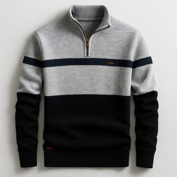 Men's Quarter-Zip Pullover – Colour-Block Cotton Jumper – Grey Navy