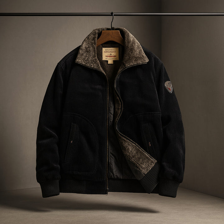 Men's Corduroy Aviator Jacket – Fur Collar Fleece-Lined Coat – Black