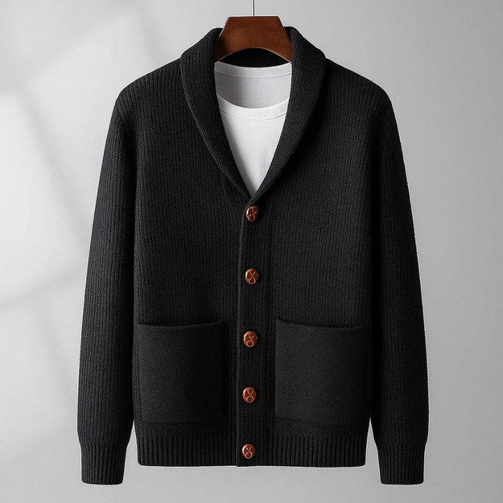 Men's Cashmere Cardigan – Shawl Collar Knit Button Jumper – Black