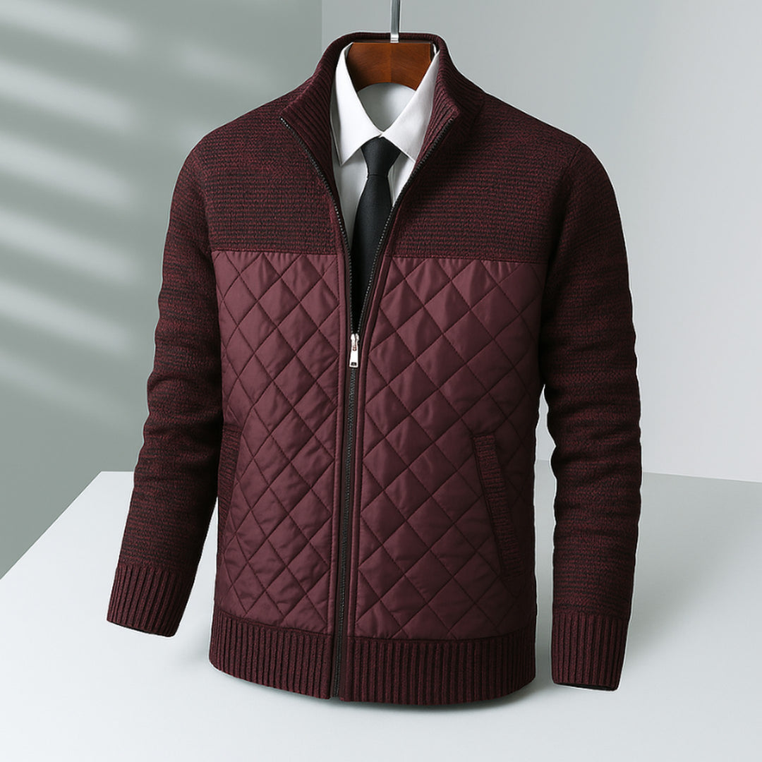 Men's Quilted Hybrid Jacket – Knit-Sleeve Funnel-Neck Layer – Maroon