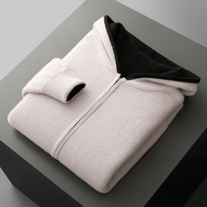 Men's Merino Wool Zip-Up Hoodie – Reversible Knit Layering – White