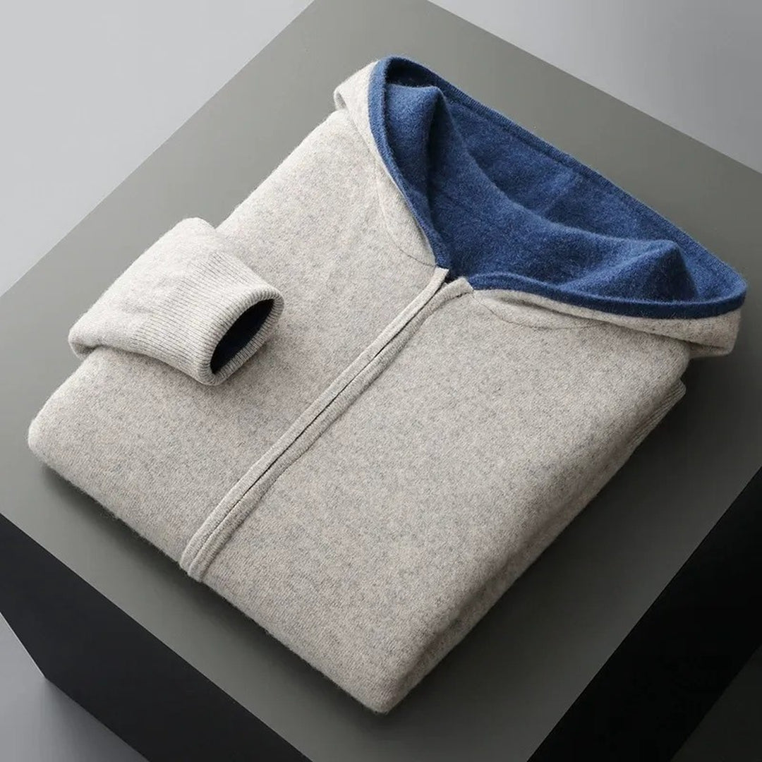Men's Merino Wool Zip-Up Hoodie – Reversible Knit Layering – Grey Blue