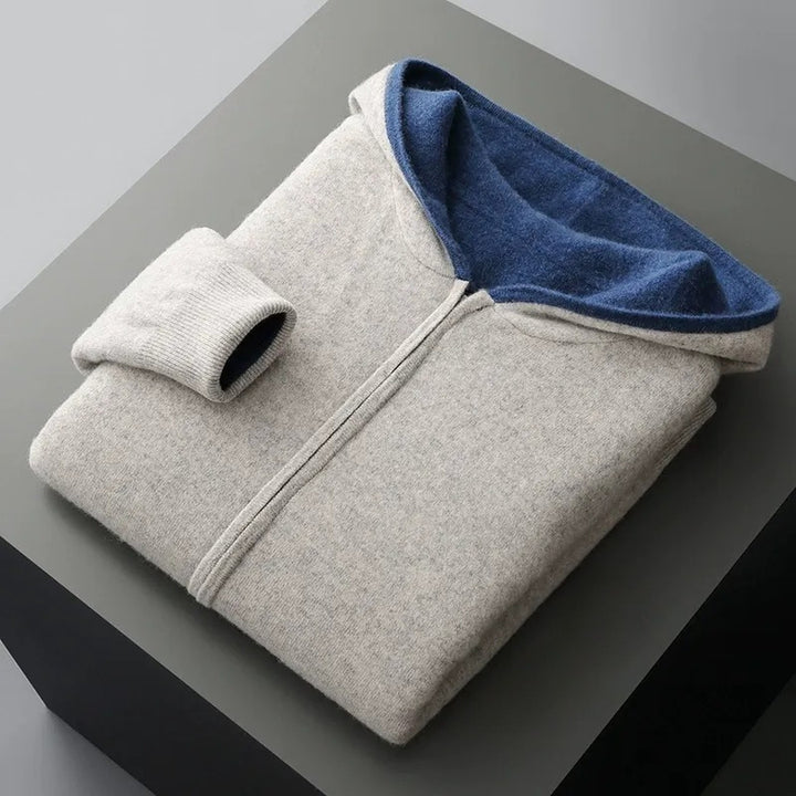 Men's Merino Wool Zip-Up Hoodie – Reversible Knit Layering – Grey Blue