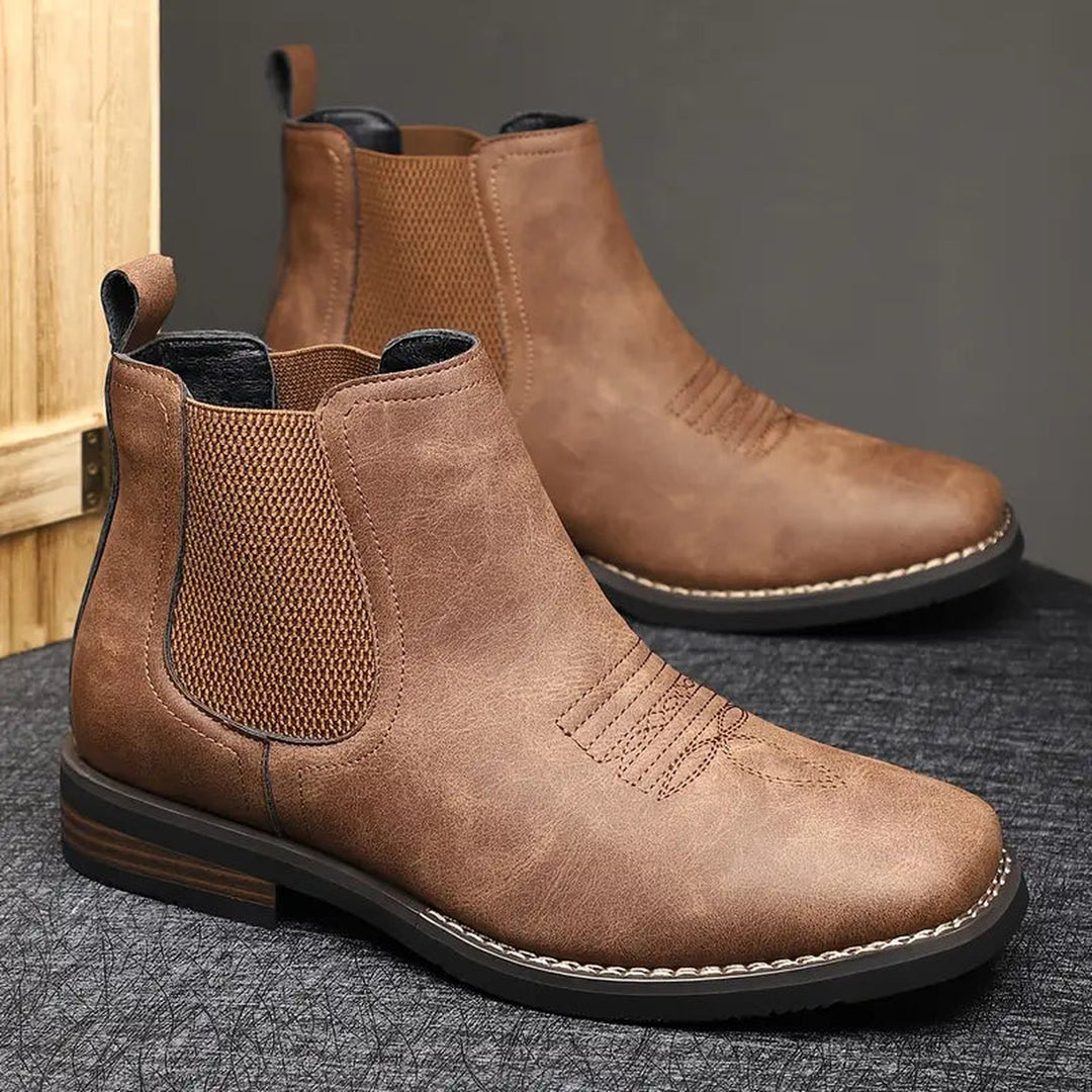 "Men's Leather Chelsea Boots – Western Stitch, Stacked Sole"