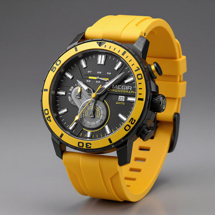 Men's Chronograph Watch 44mm – Ceramic Bezel – Silicone Strap – Canary Yellow