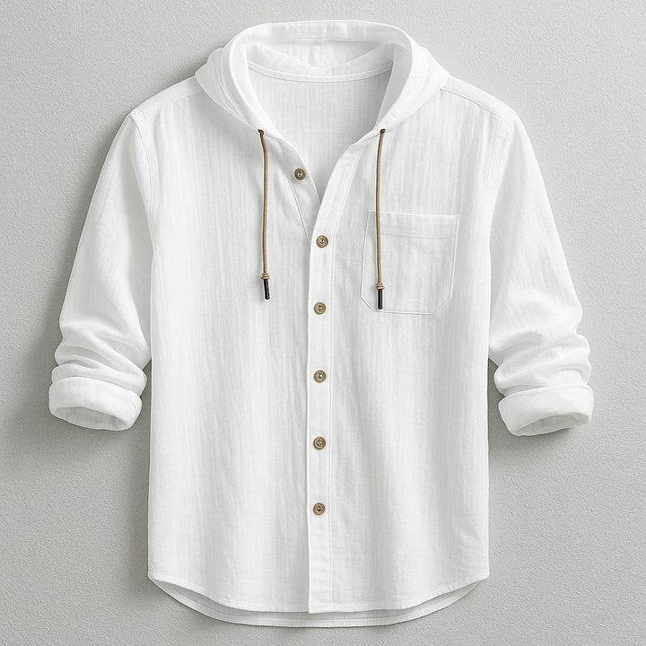 Men's Cotton Linen Hooded Shirt – Relaxed Summer Beach Style – White