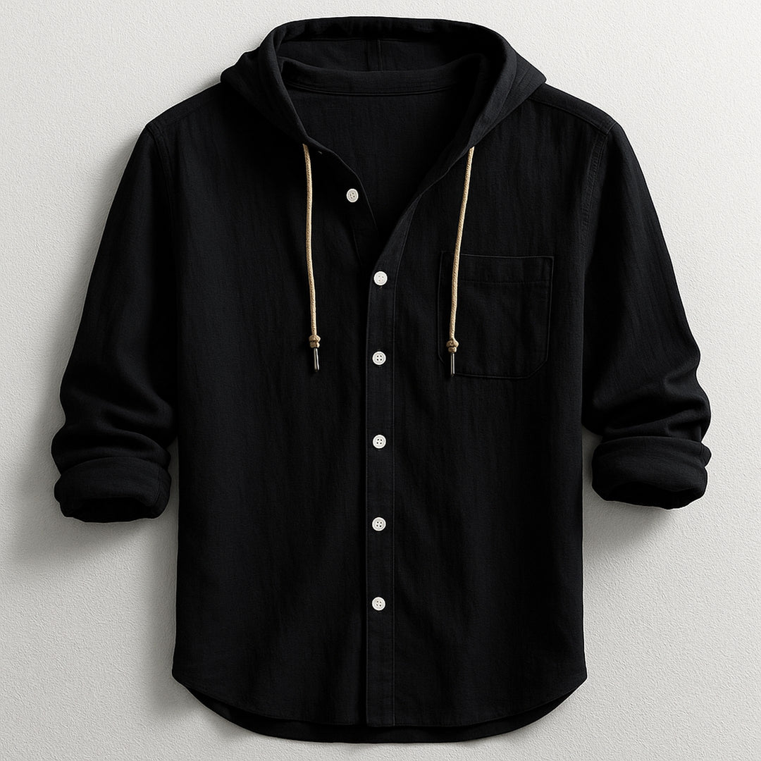 Men's Cotton Linen Hooded Shirt – Relaxed Summer Beach Style – Black