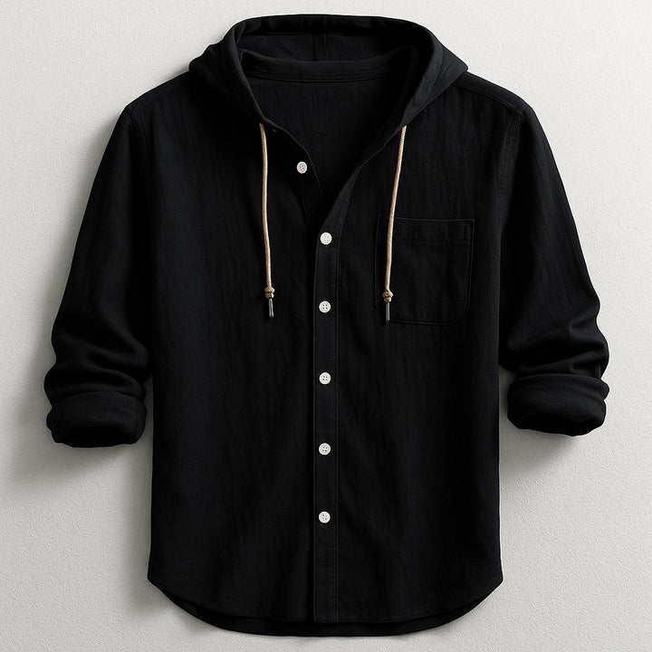 Men's Cotton Linen Hooded Shirt – Relaxed Summer Beach Style – Black