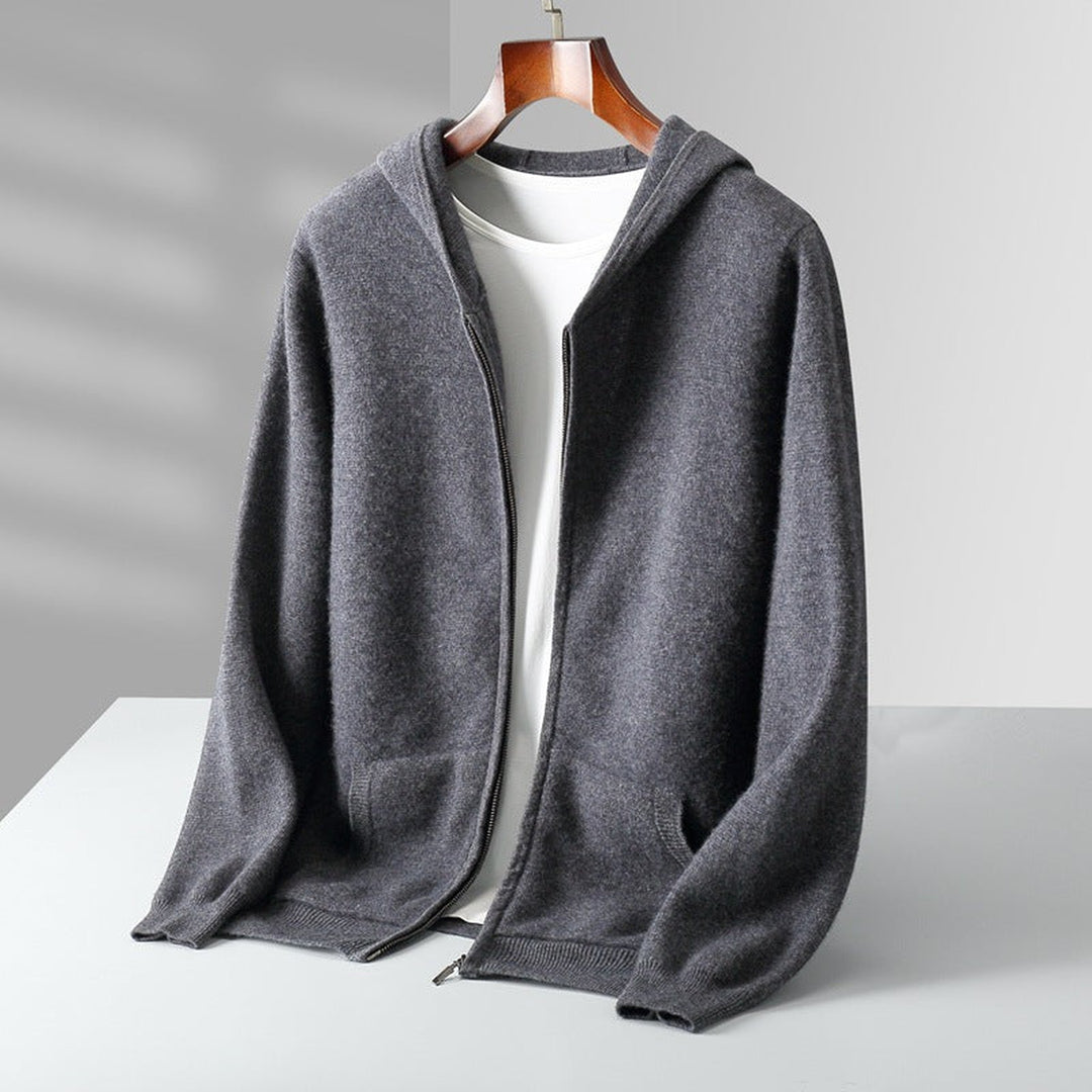 Men's Cashmere Zip-Through Hoodie – Soft Two-Ply Travel Layer – Khaki