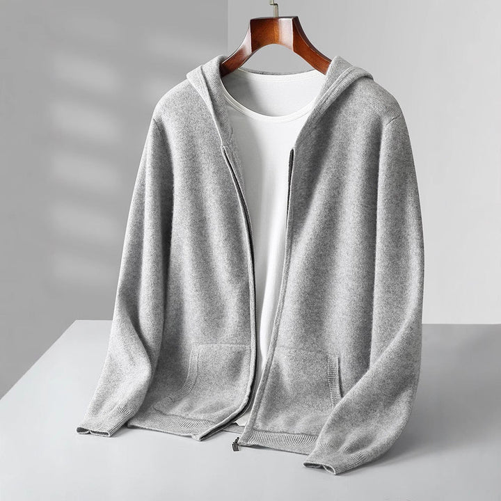 Men's Cashmere Zip-Through Hoodie – Soft Two-Ply Travel Layer – Ashen Grey