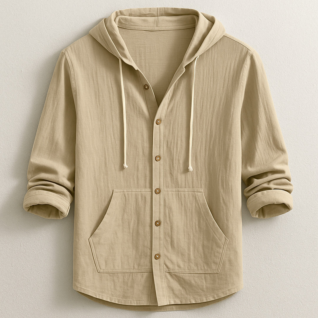 Men's Cotton-Linen Hooded Shirt – Relaxed Button-Up Layer – Sand