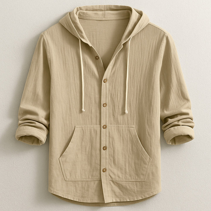 Men's Cotton-Linen Hooded Shirt – Relaxed Button-Up Layer – Sand